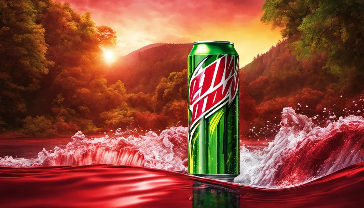 A can of Cherry Mountain Dew, a red soda with a twist of cherry flavor.