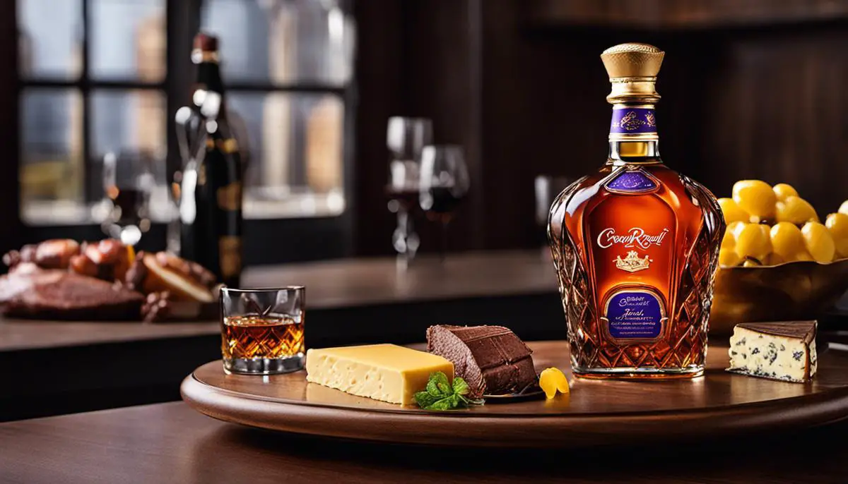 A bottle of Crown Royal Limited Edition paired with dark chocolate, cheese, and smoked meats or fish.