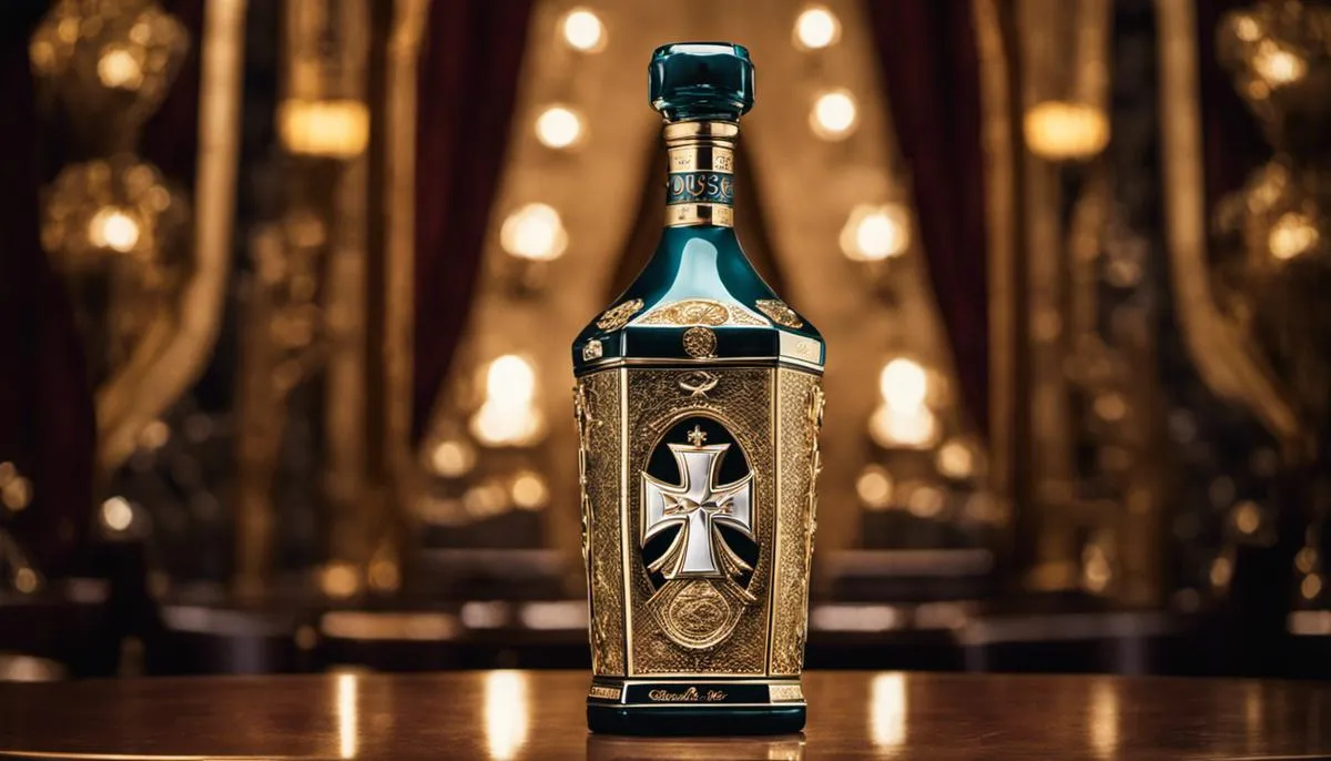 Image of a Dusse bottle with an emblem of a double-cross, symbolizing opulence and success, surrounded by hip-hop and pop culture references.