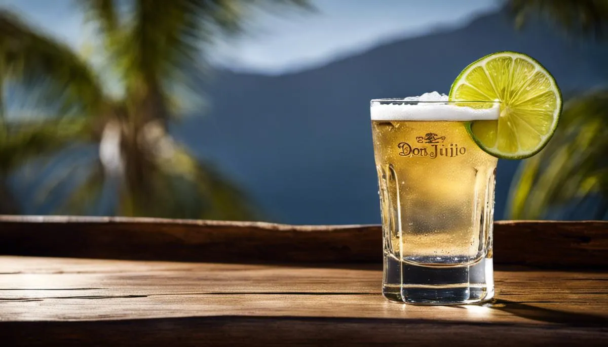 A glass of Don Julio 1942 Tequila with lime and salt on a wooden table
