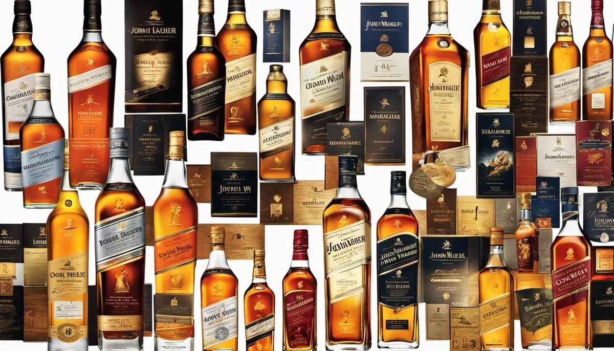 A collage of various Johnnie Walker whiskey labels, showcasing the brand's distinctive packaging and color labeling system.