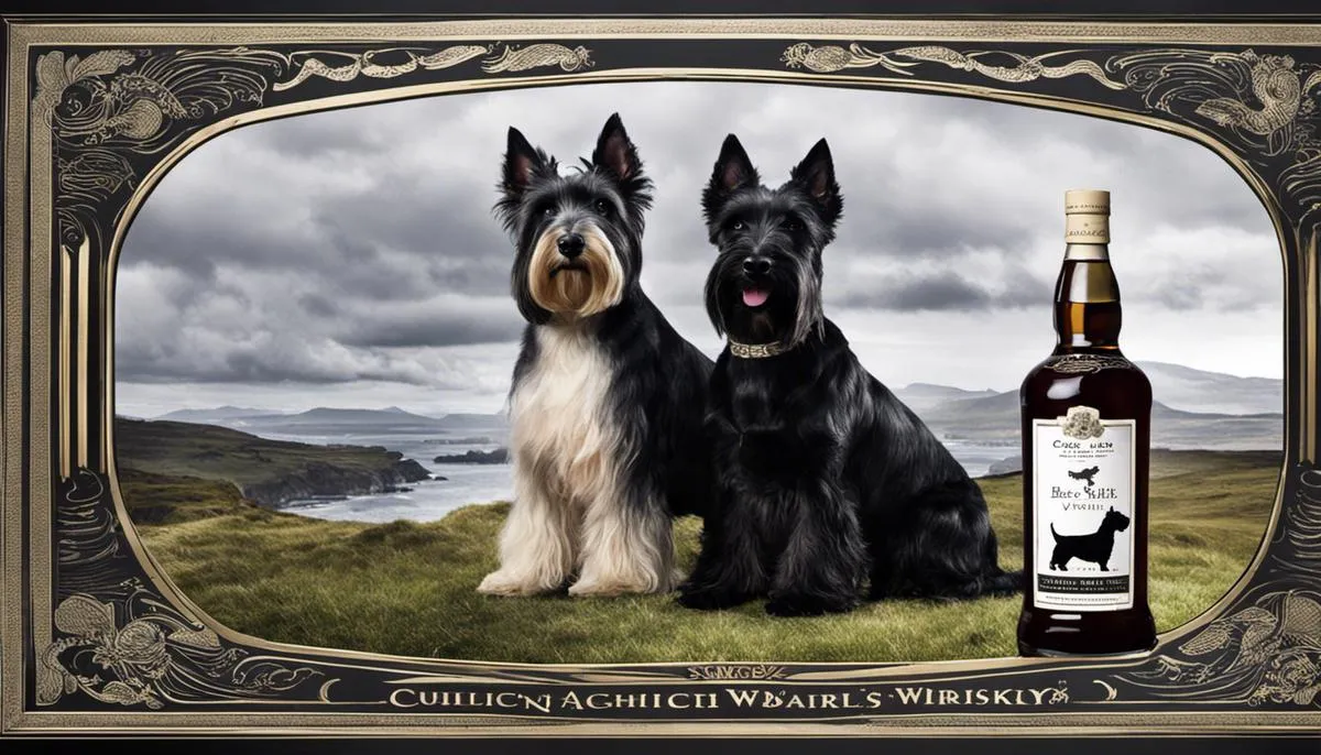 Image of a bottle of Black and White Scotch Whisky with two Scottish Terrier dogs on the label, representing the brand's iconic packaging.