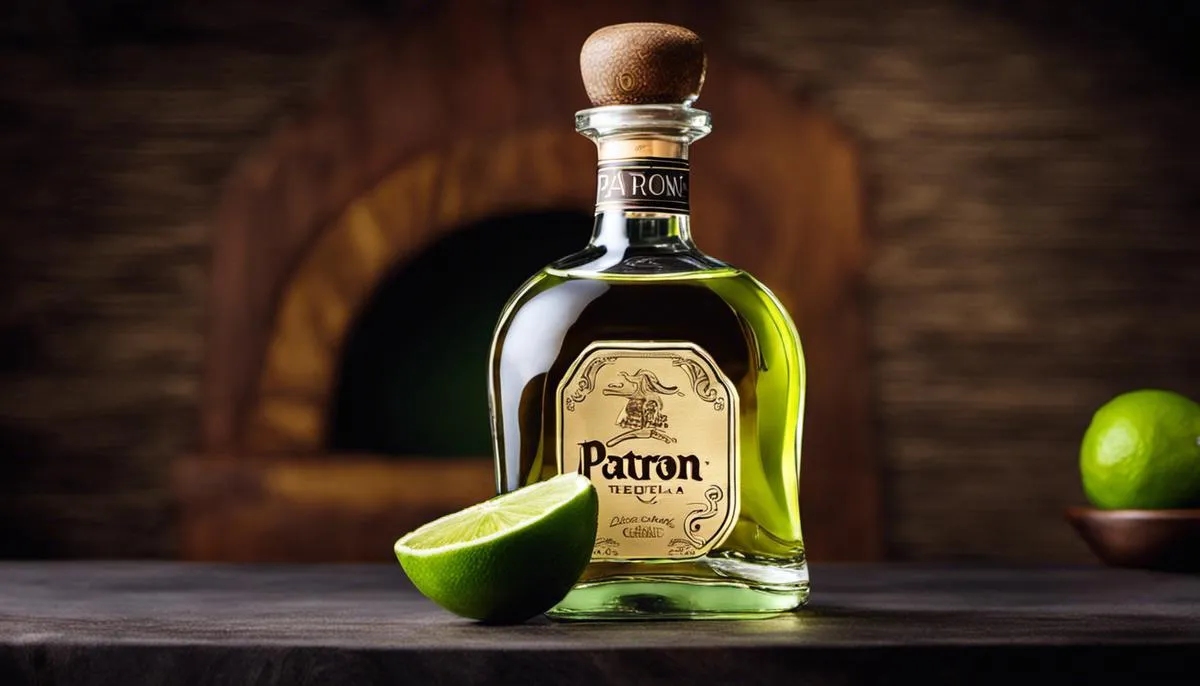 A bottle of Patron Tequila with a shot glass and lime, depicting the origins and craftsmanship of the tequila brand.