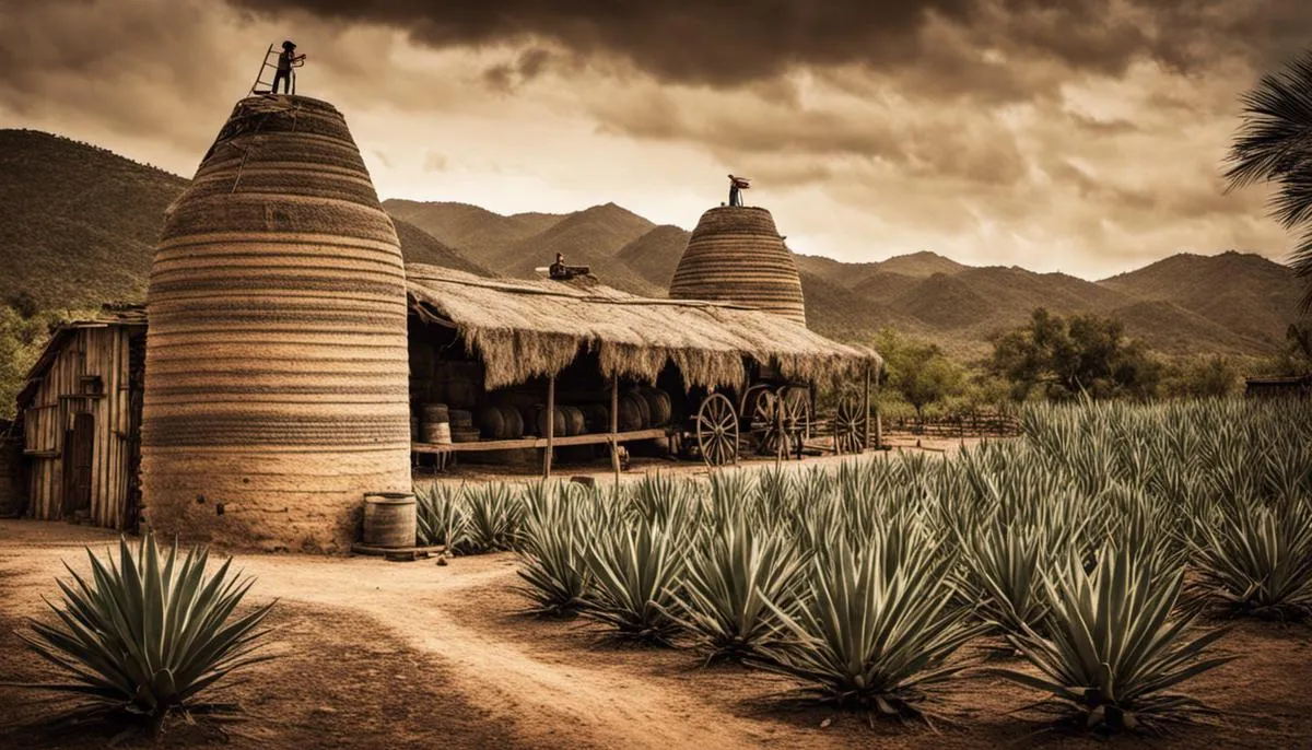 An image showing the process of tequila production during the colonial era.