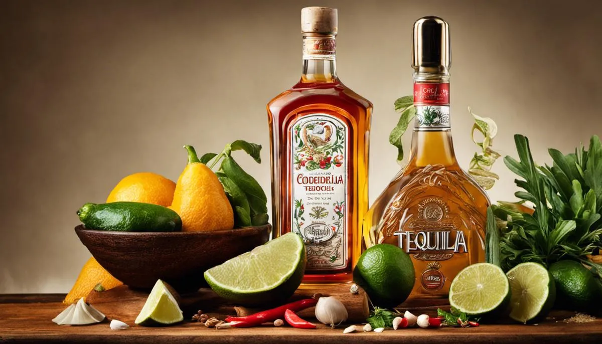 A tequila bottle and various cooking ingredients, symbolizing the use of tequila in cooking