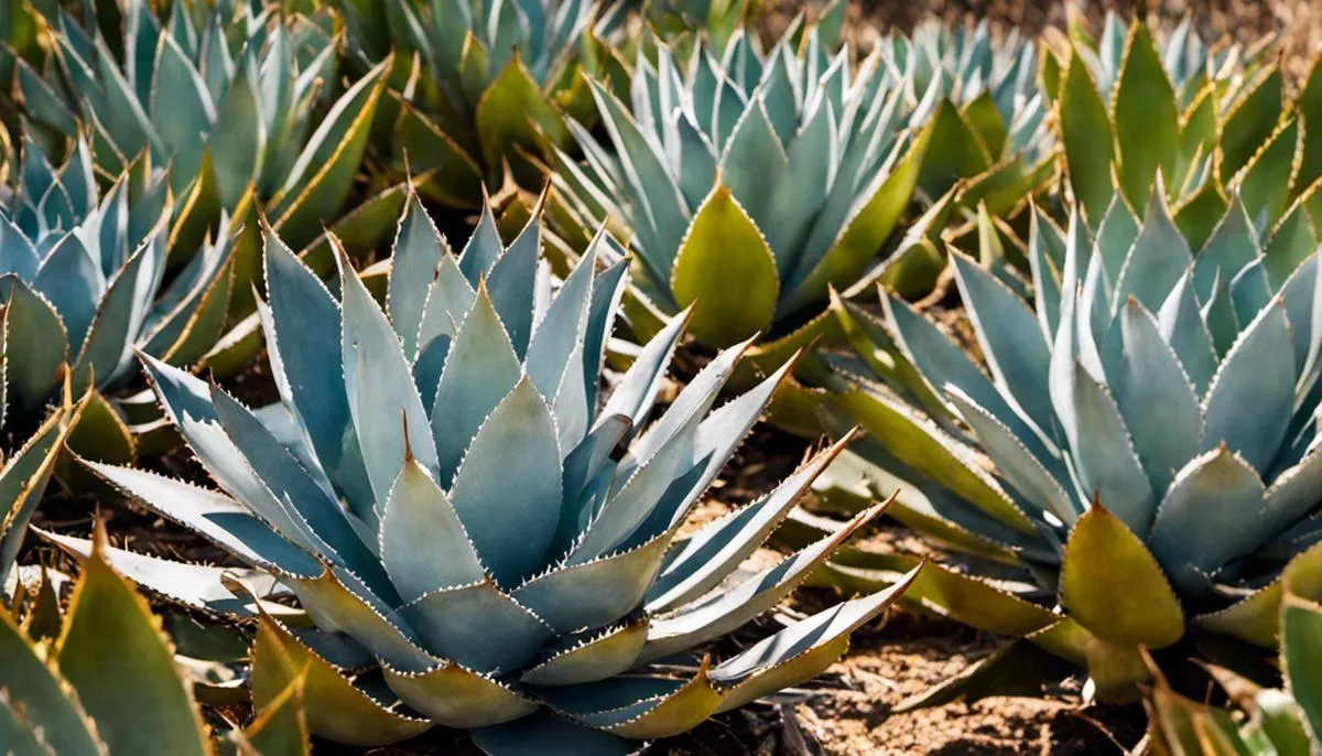 Close-up image of different types of agave plants used in mezcal and tequila production.