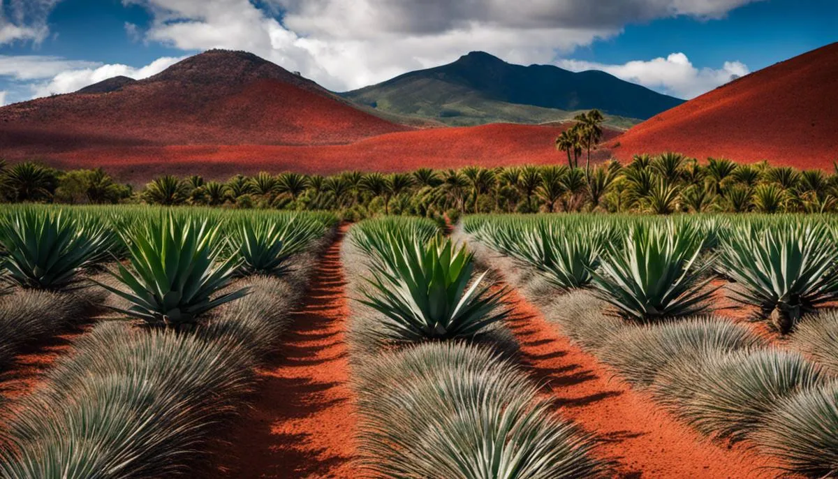 Image of a field of agave plants being cultivated for tequila production, showcasing the vibrant red volcanic soils.