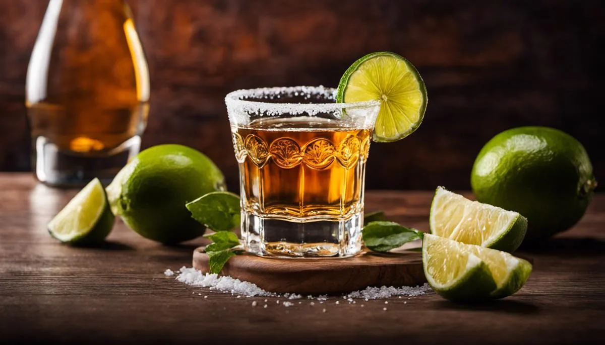 A glass of añejo tequila served with a slice of lime and a salt-rimmed glass, representing the rich flavors and traditional enjoyment of this aged tequila.