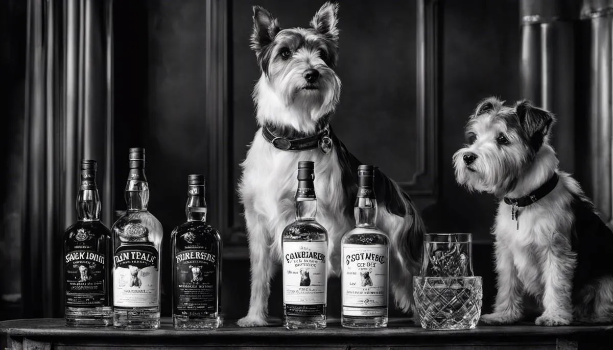 Image illustrating Black and White Scotch Whisky's current market presence, featuring their iconic black and white label with two terriers on the bottle.