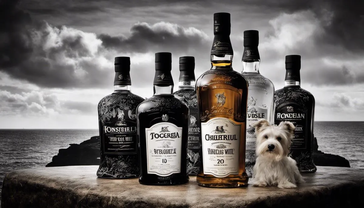 Image depicting the iconic branding of Black and White Scotch Whisky, with two terriers - one black and one white - as its central figures.