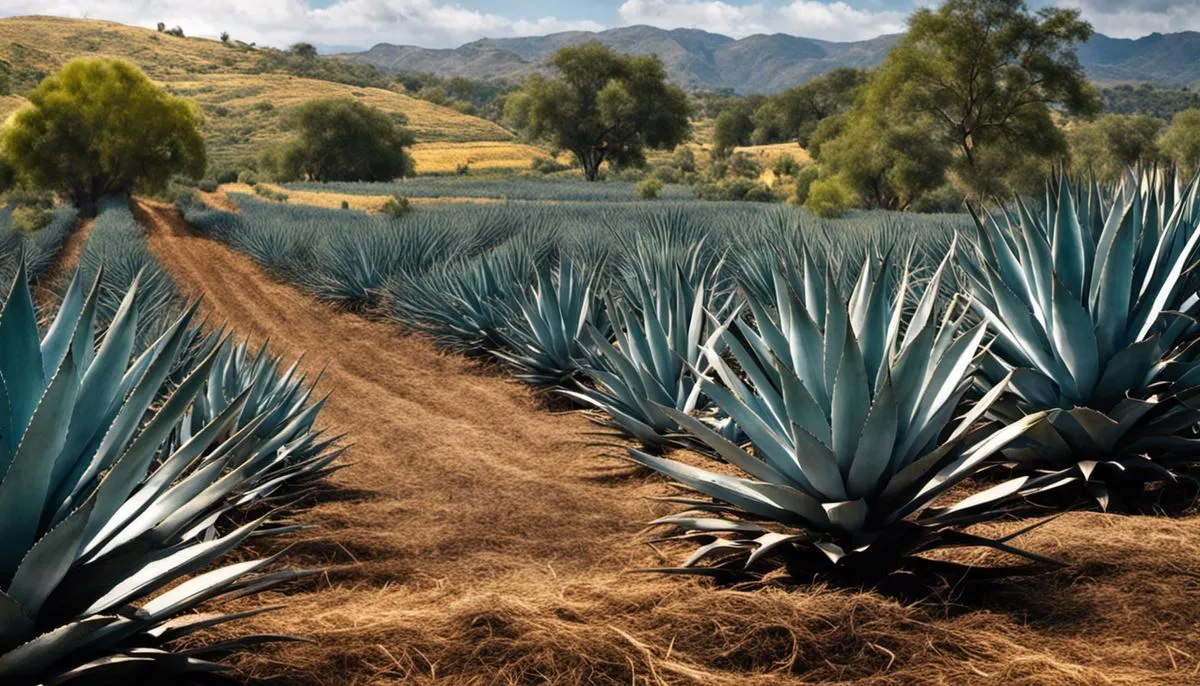 Image depicting the blue agave plant being harvested by farmers, showcasing its large spikey leaves and revealing the core or heart of the agave plant, resembling a large pineapple.