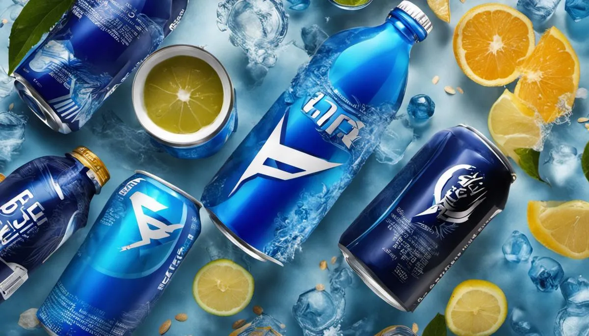 Composition of Blue Energy Drinks - A visual representation of various blue energy drinks with their core ingredients.