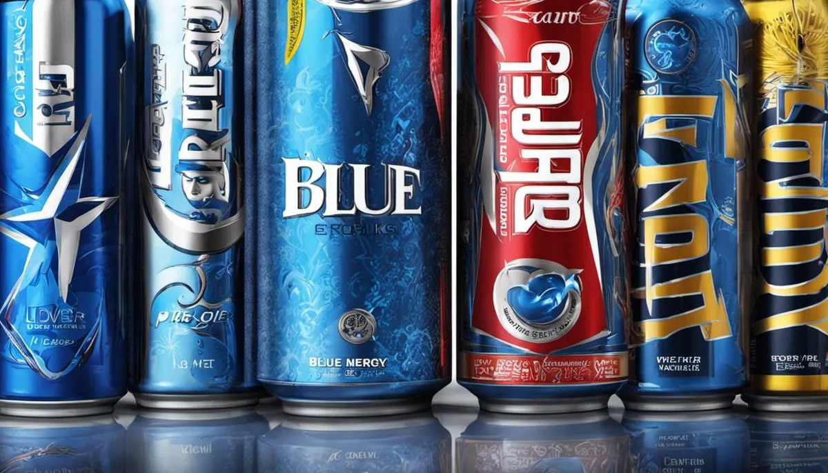 A selection of blue energy drinks in cans, showcasing different brands and flavors.