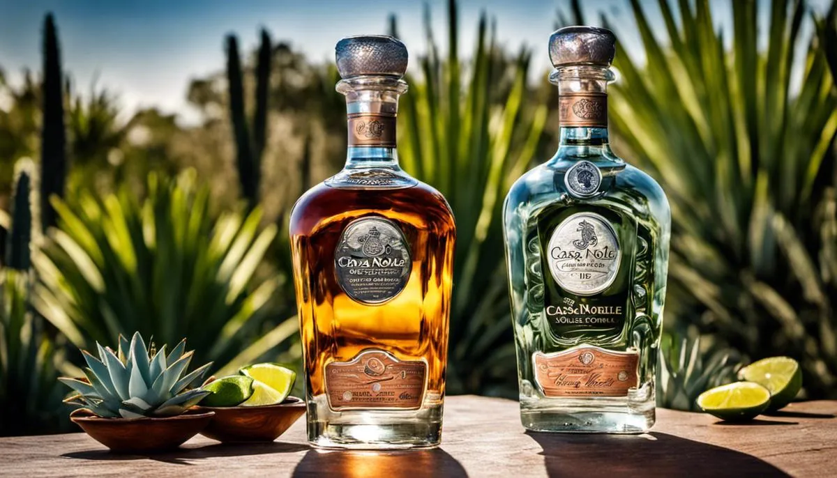 Bottles of Casa Noble Tequila with an agave plant in the background