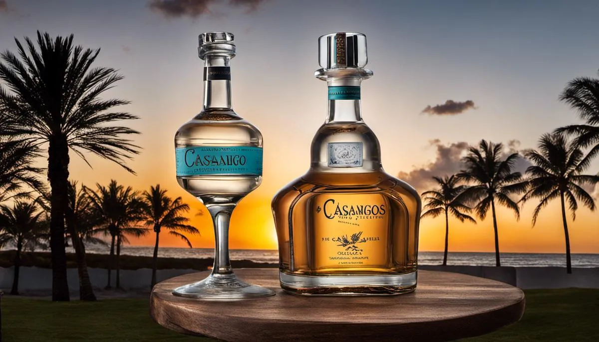 A bottle of Casamigos Tequila with three shot glasses, showcasing its elegance and sophistication.