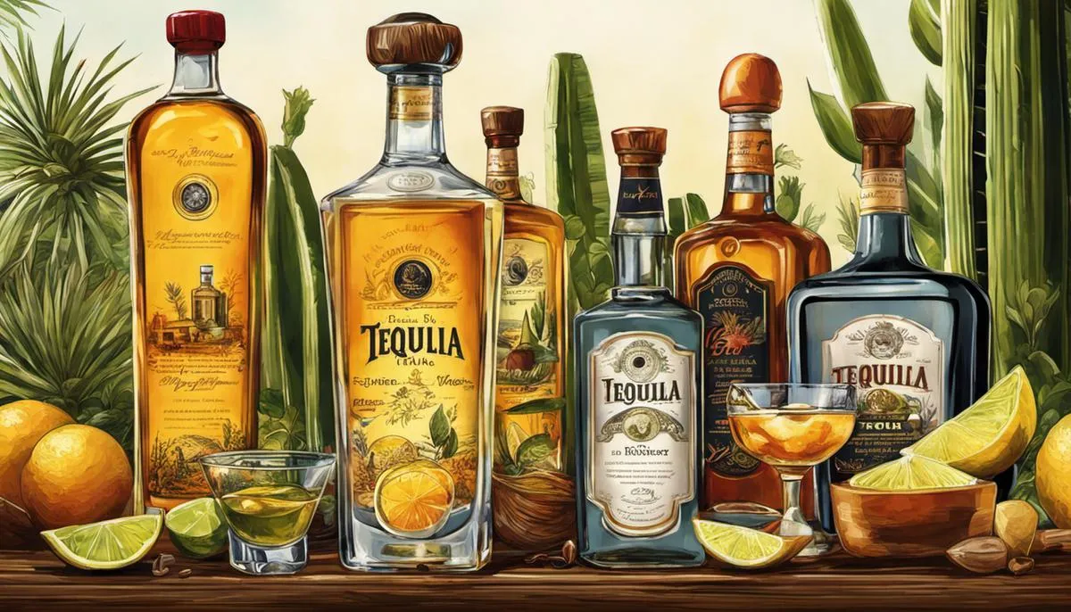Illustration of a selection of tequila bottles and infusion ingredients.