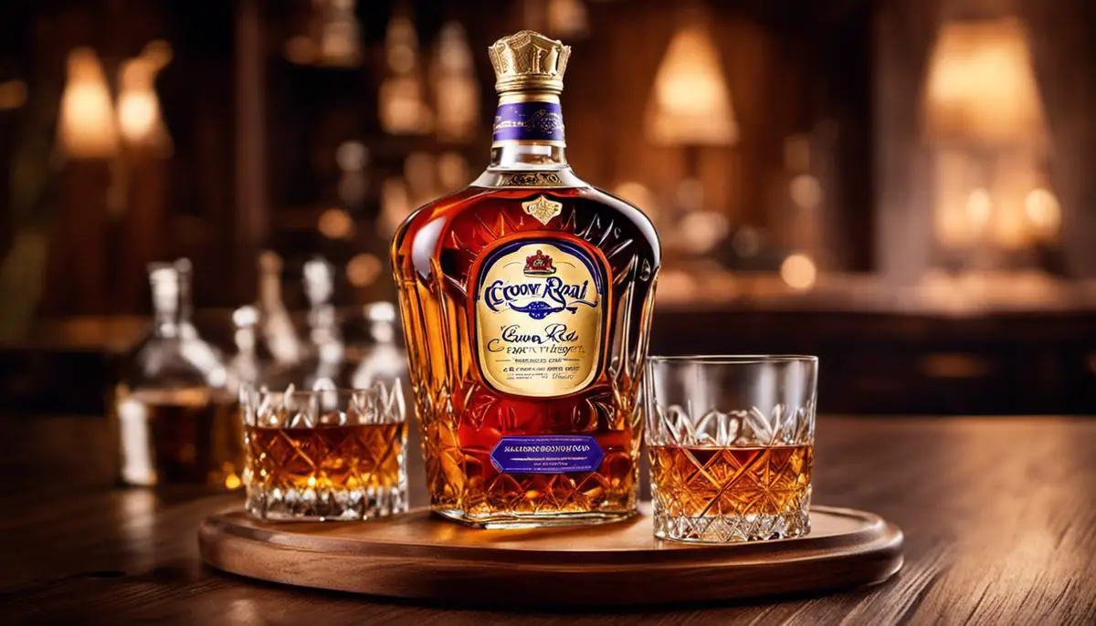 A bottle of Crown Royal Limited Edition whisky on a wooden surface with a glass with ice cubes, depicting the elegance and premium nature of the product.