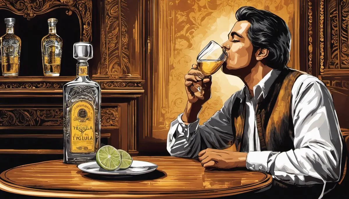 Illustration of a person savoring a glass of tequila neat, symbolizing the cultural significance and art of drinking tequila.