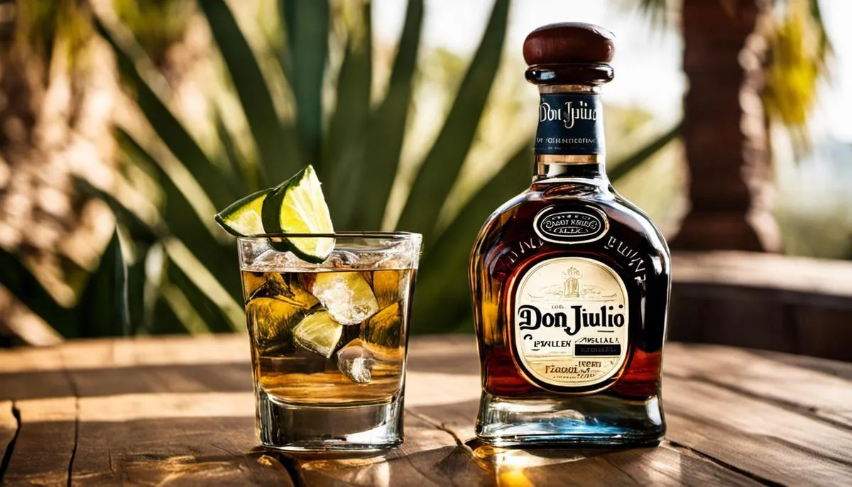 A bottle of Don Julio Tequila beside a glass filled with tequila on a wooden table with agave leaves in the background