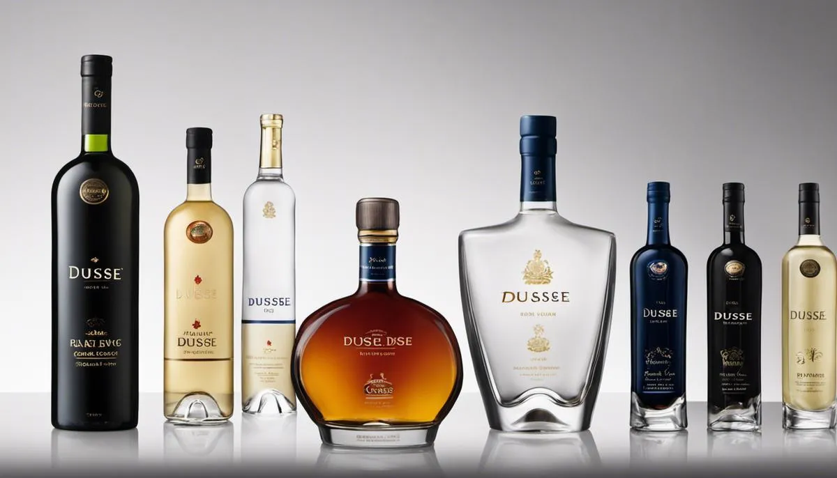Dusse Bottle Sizes and Pricing - Illustration of different Dusse bottle sizes, showing mini, 375ml, 750ml, 1L, and 1.75L bottles alongside text.