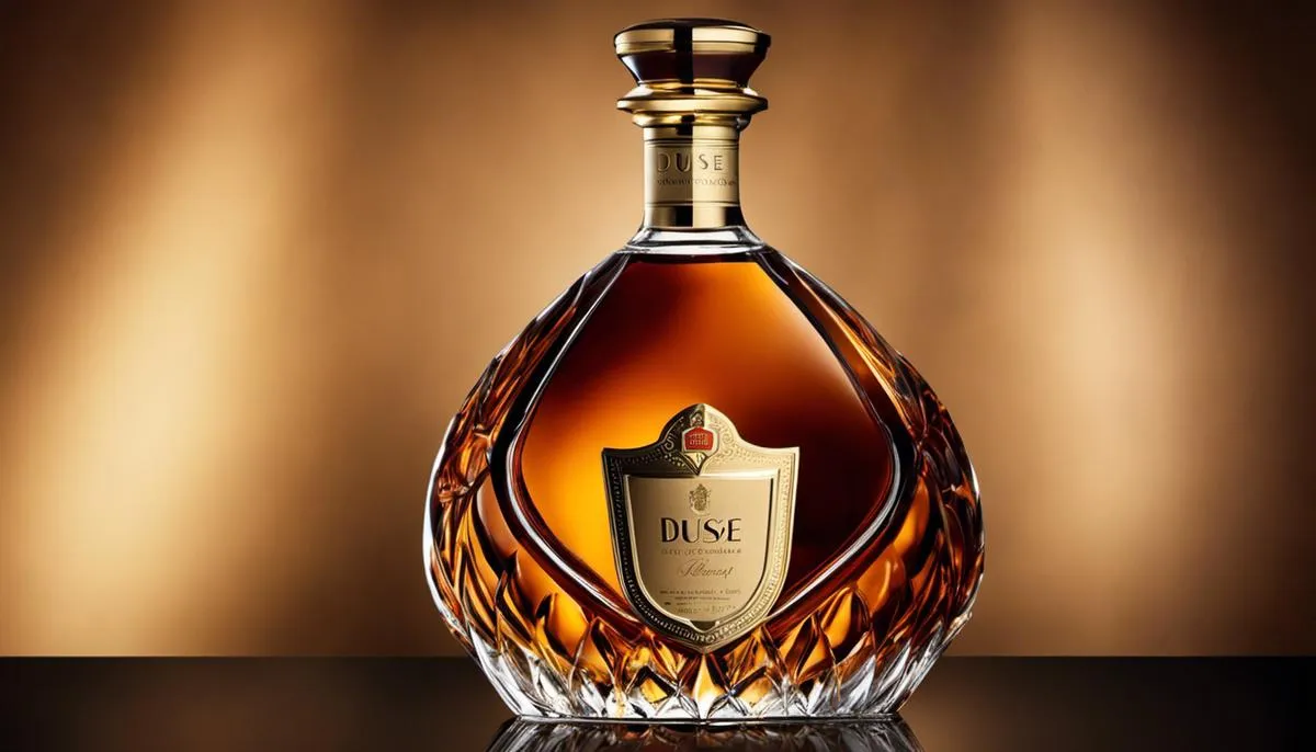 A bottle of Dusse brandy with rich amber color, reflecting luxury and sophistication.