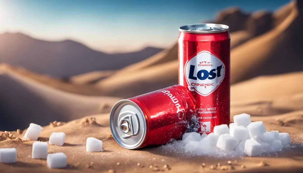 A can of Lost Energy Drink surrounded by sugar cubes, symbolizing the high caffeine and sugar content of energy drinks.