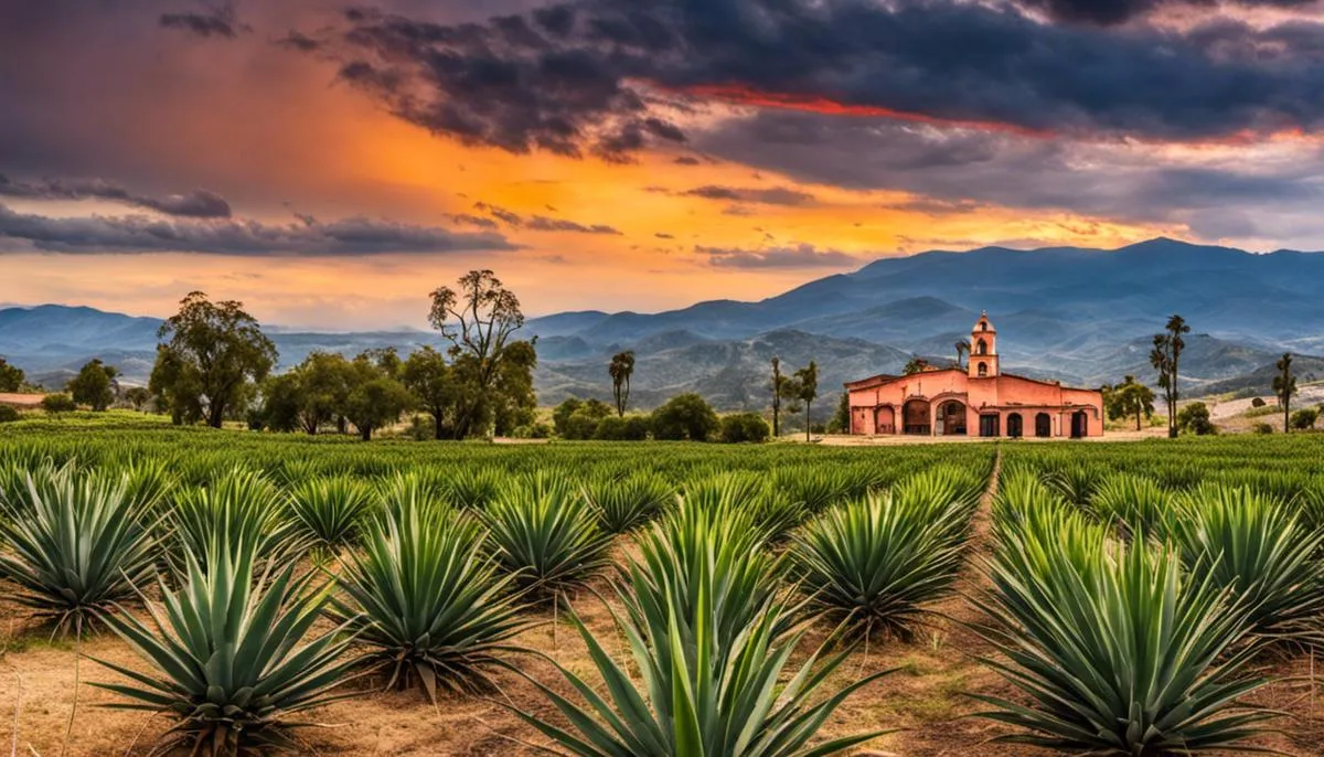 A picturesque landscape of Jalisco with vibrant agave fields and a tequila distillery in the background