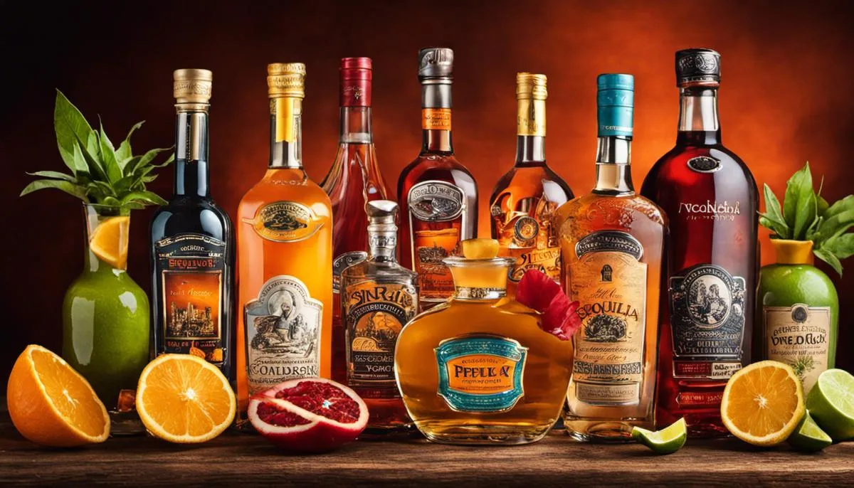 A picture of various tequila bottles and ingredients for making a Tequila Sunrise cocktail.