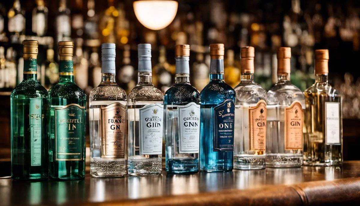 A close-up image of various gin bottles lined up neatly on a bar counter