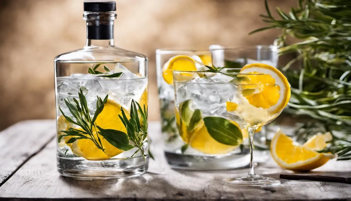 A glass of gin with botanicals, symbolizing the potential benefits of gin for digestive health.