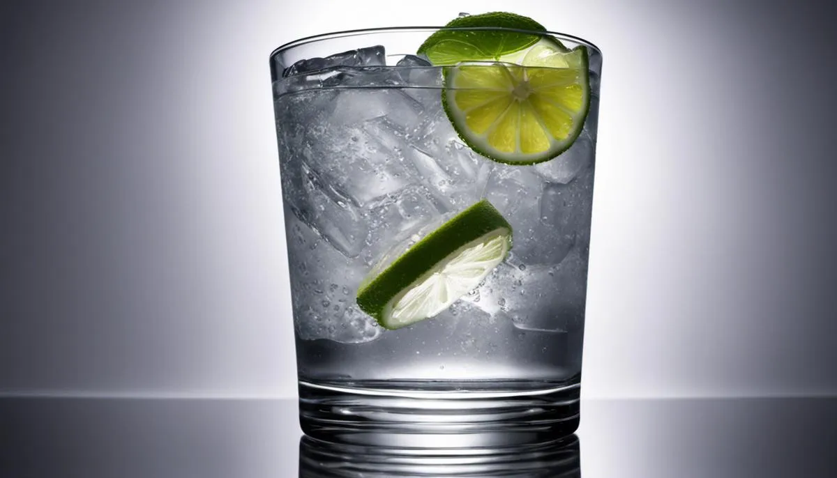 A glass of gin and tonic with a slice of lime garnish
