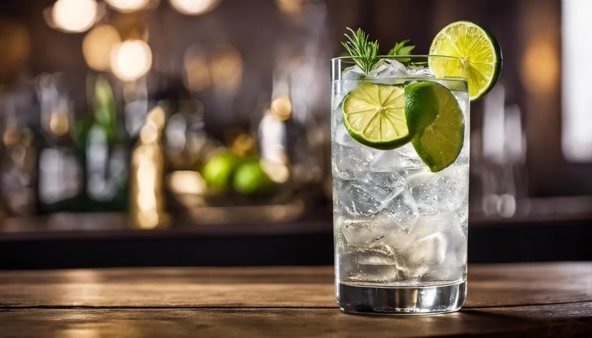 A refreshing gin and tonic served in a highball glass with a lime slice garnish