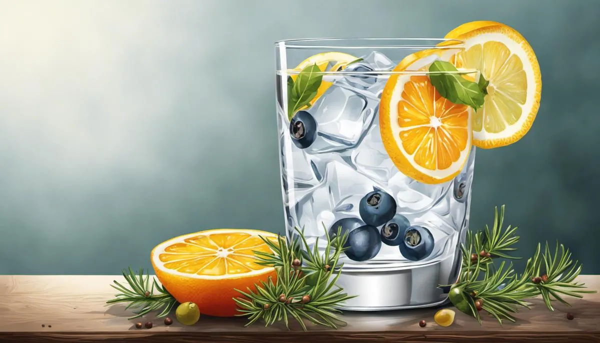 Illustration of a glass of gin with juniper berries and citrus slices, representing the antioxidant qualities of gin.