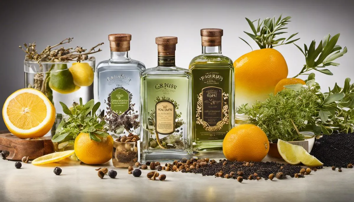 A visually appealing image showcasing a variety of gin botanicals, including juniper berries, coriander seeds, angelica root, citrus peels, orris root, and cassia bark.