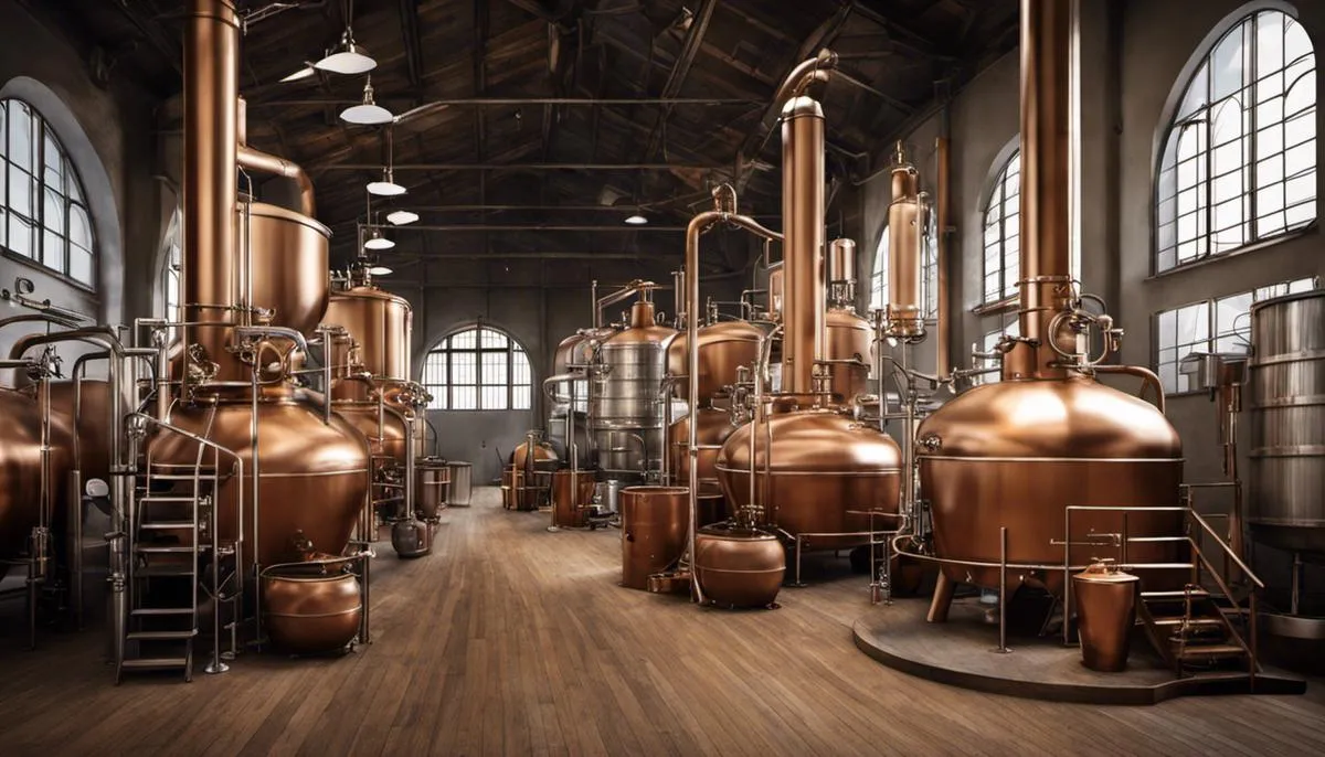 An image of gin distillation process, depicting a distillery with various equipment.