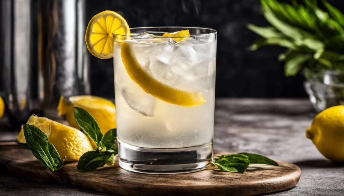 Image of refreshing gin fizz cocktail with lemon garnish