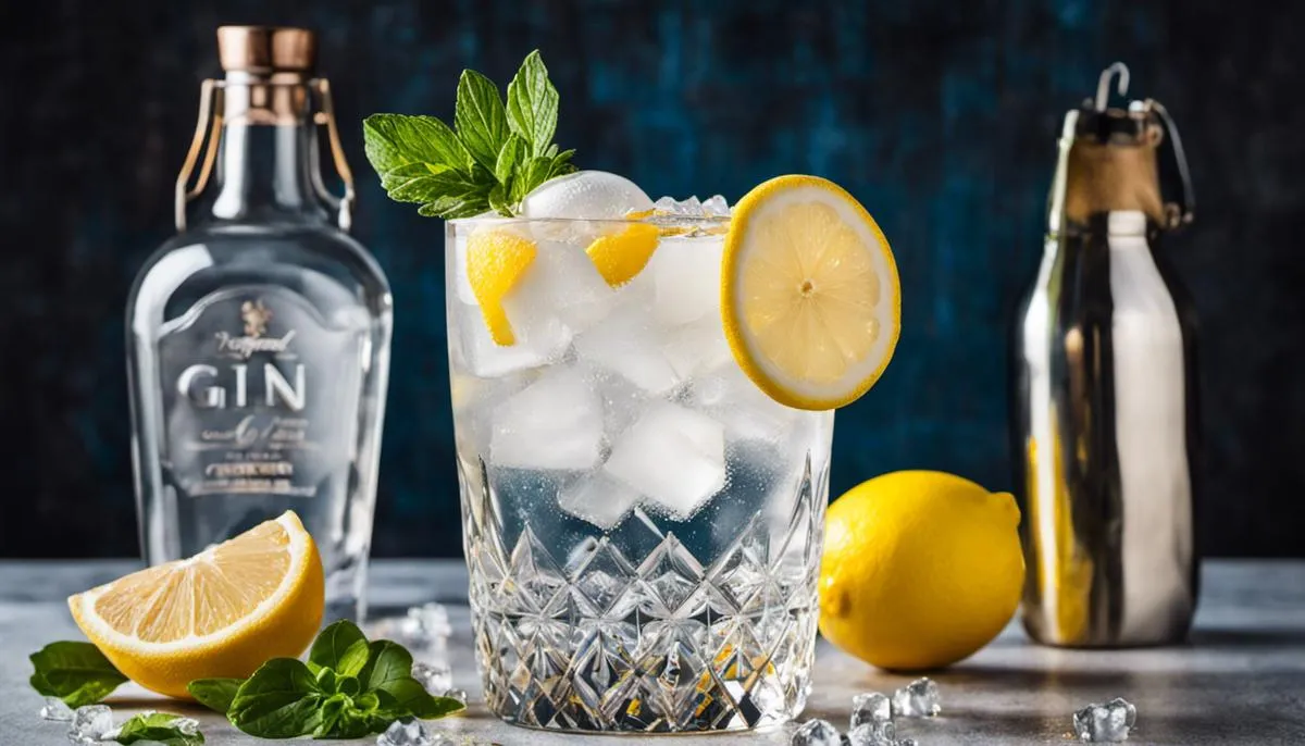 Image of ingredients for a gin fizz, including gin, lemon, sugar syrup, soda water, egg white, and garnish.