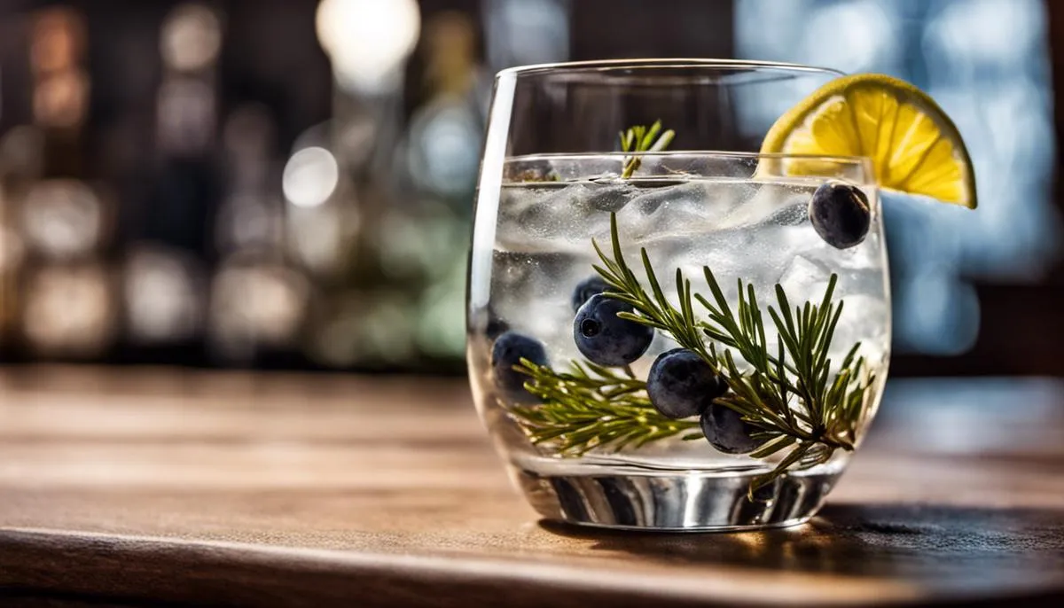 A close-up image of a glass filled with gin and garnished with juniper berries, showcasing the botanicals responsible for gin's unique flavor profile.