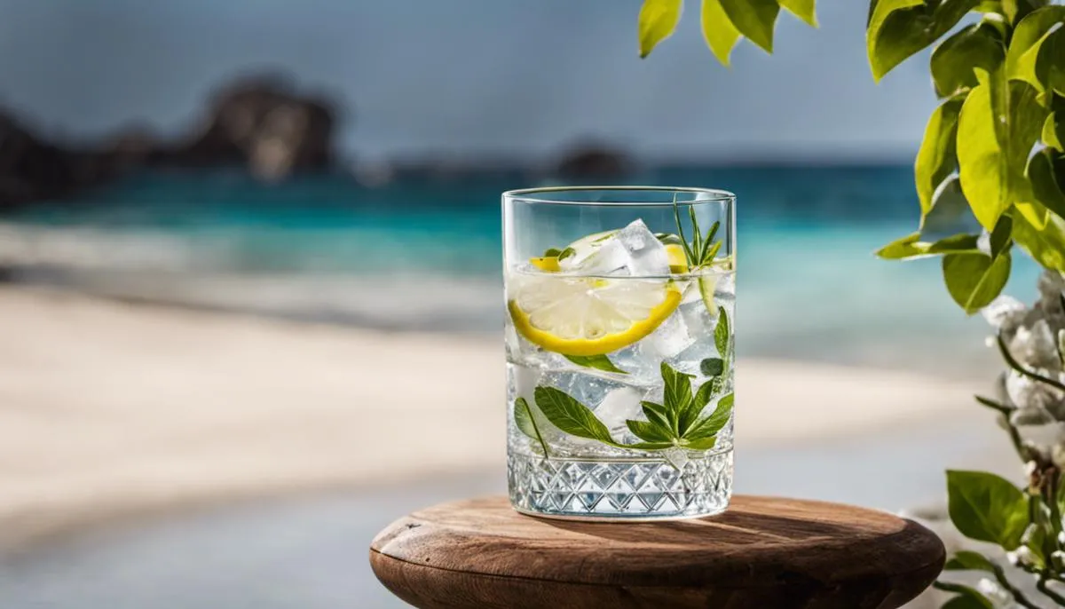 A glass of gin with botanicals, representing the complexity of gin flavor profiles