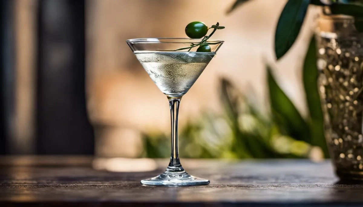 A glass of gin martini with an olive garnish