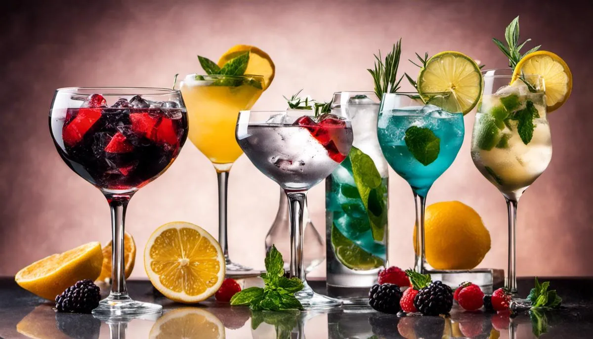 Image of various gin martini variations with different garnishes and glassware