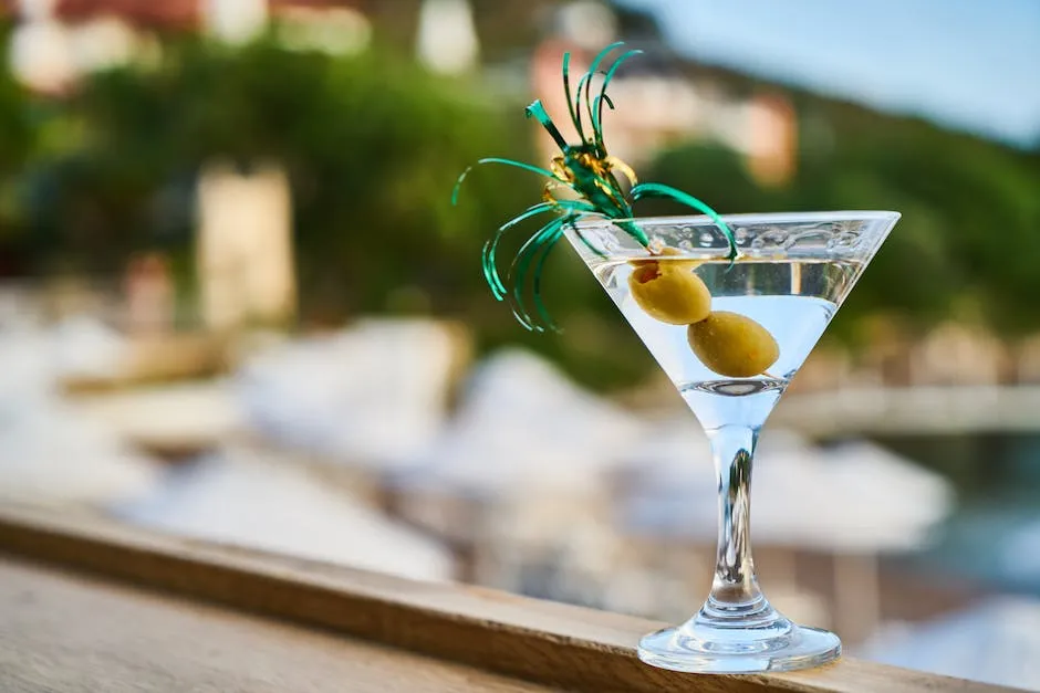 Image of a classic gin martini being garnished with an olive