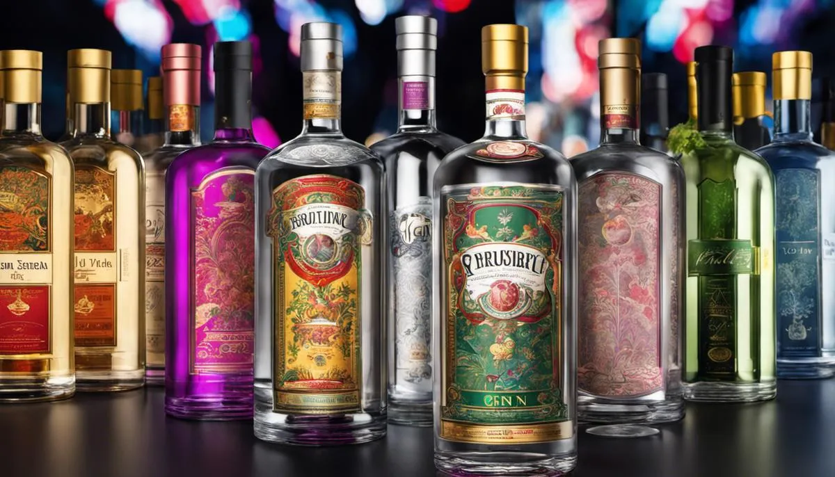 A bottle of gin with colorful artwork representing gin regulations and labeling, depicting the different types of gin and the botanicals used in production.