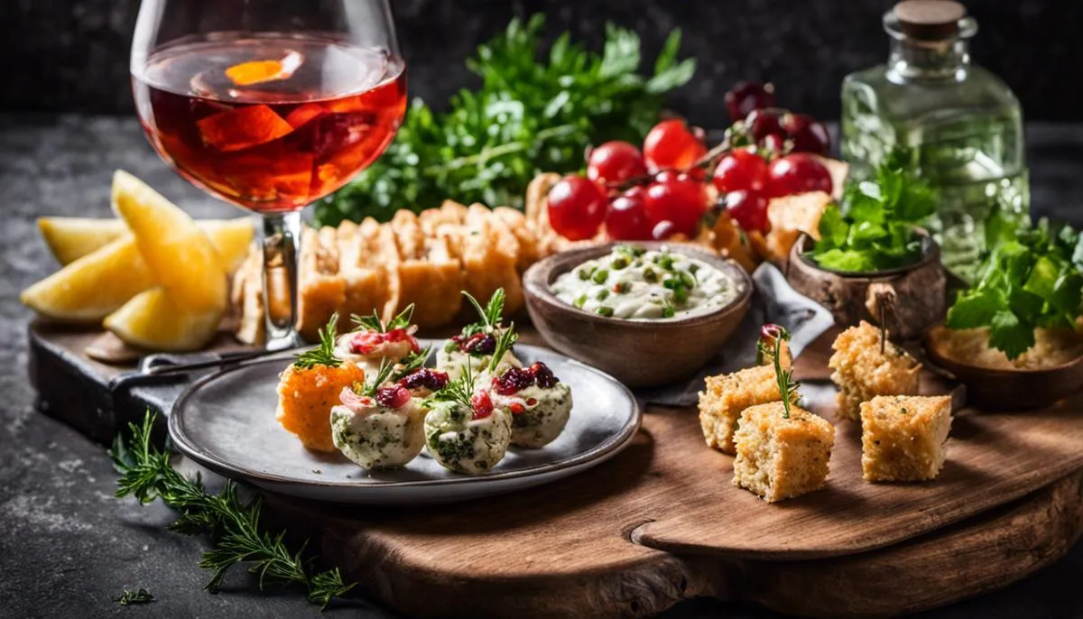 An image depicting a variety of appetizers with a glass of gin, creating an inviting and appetizing scene.