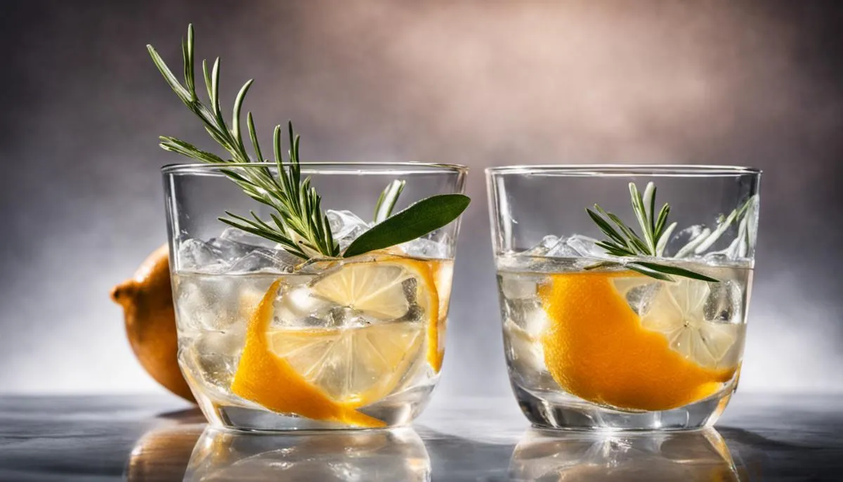 A close-up image of a glass filled with gin and garnished with a slice of citrus peel and a sprig of rosemary, representing the botanical flavor profile of gin.