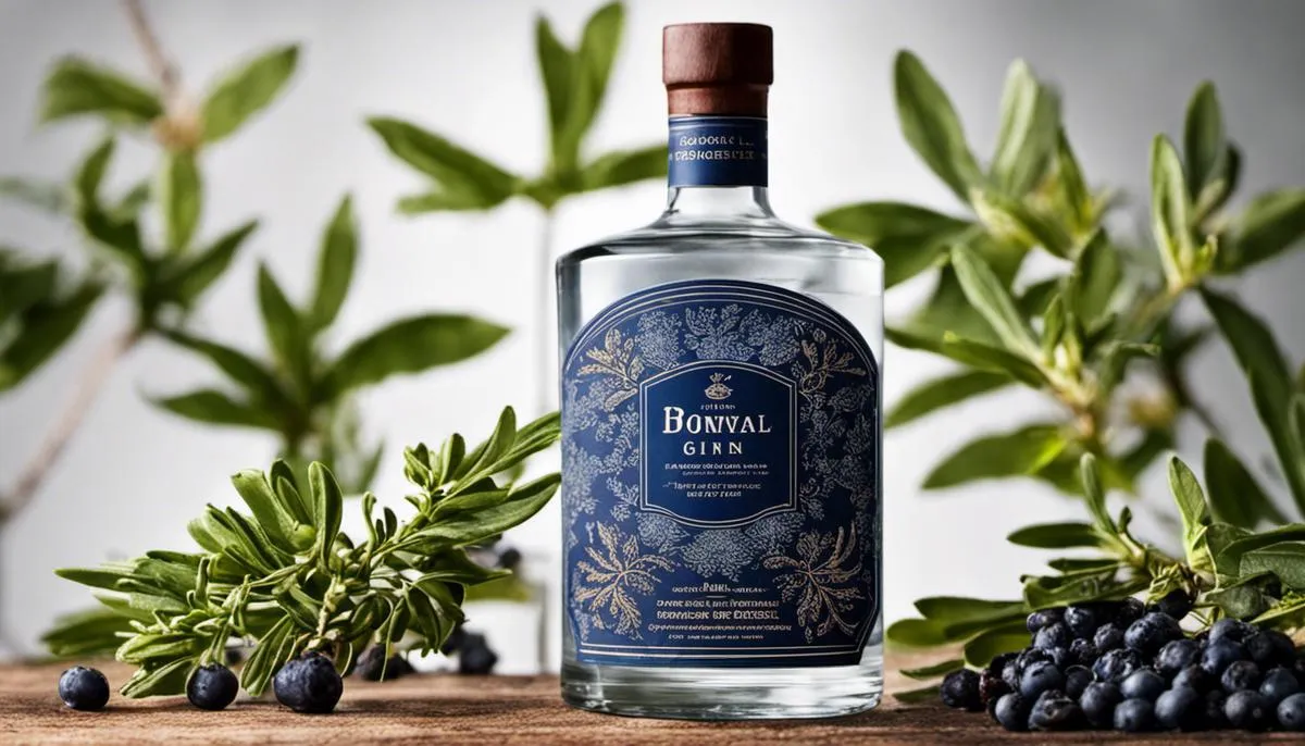 A bottle of gin and juniper berries. The image represents the origins and botanicals of gin.