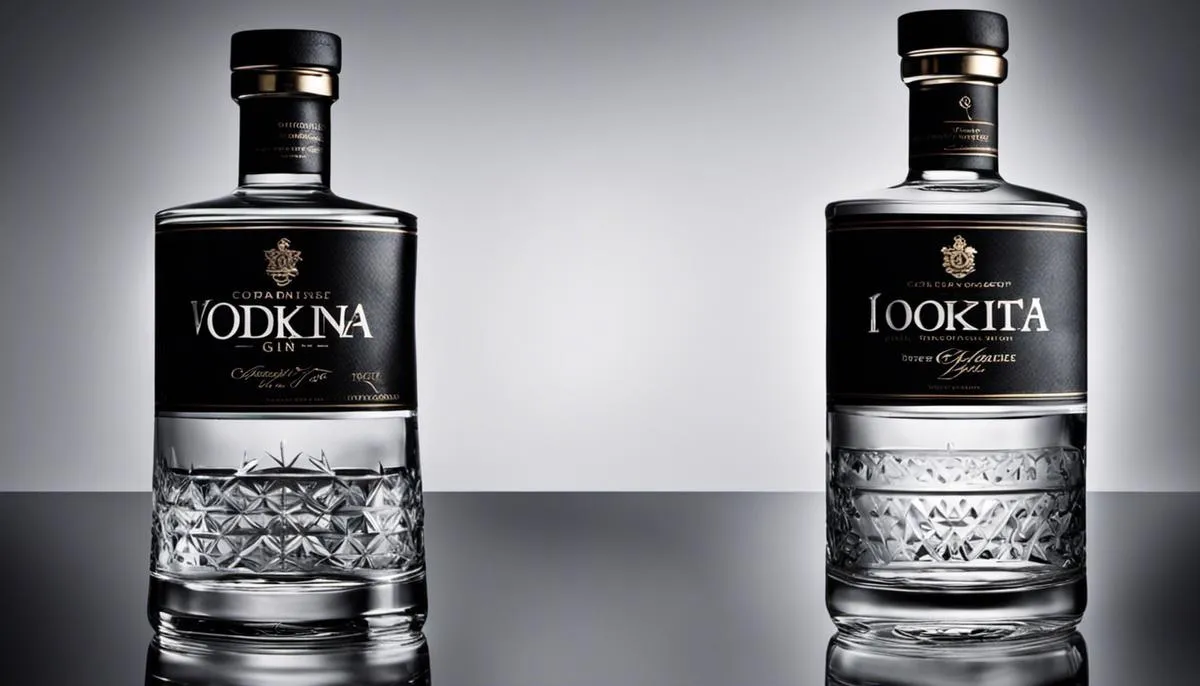 Image depicting gin and vodka bottles side by side, symbolizing the comparison between the two spirits.