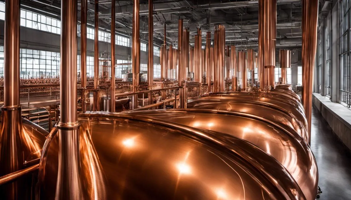 Image of the distillation process of Grey Goose vodka, showing a series of copper-lined columns with wheat and water flowing through them.