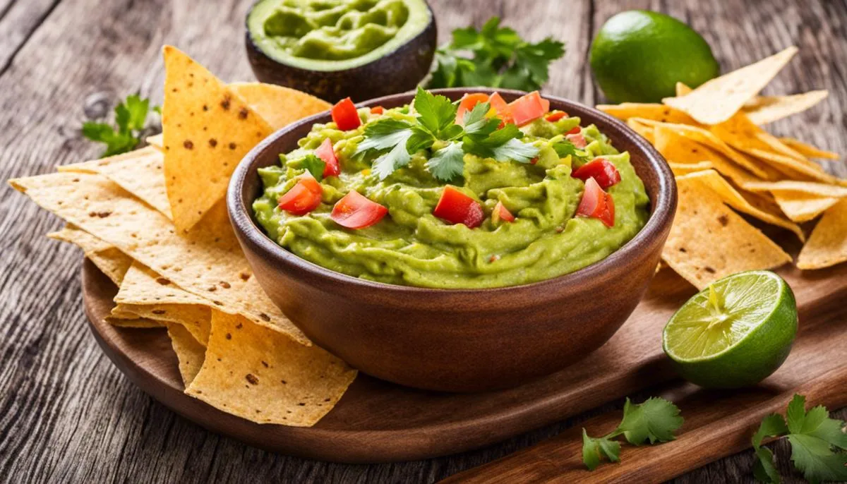 A bowl of guacamole with tortilla chips, showcasing the vibrant colors and freshness of the dish.