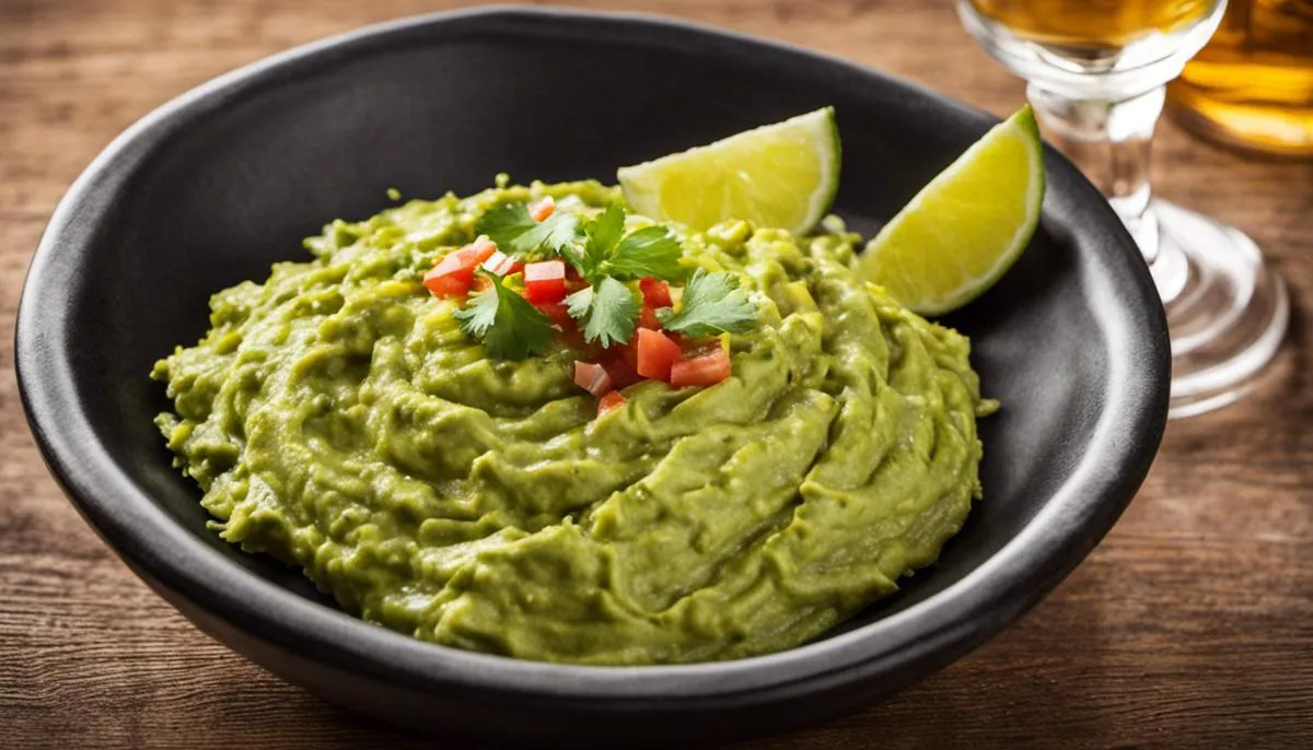 A plate of guacamole and a glass of tequila, symbolizing the pairing of guacamole and tequila.